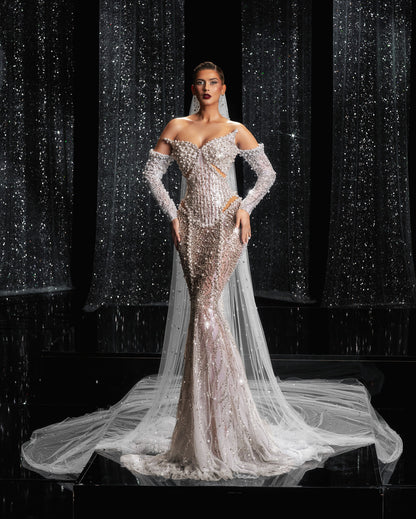 Strapless Pearl Sequin Structured Maxi Dress Nude HV2929