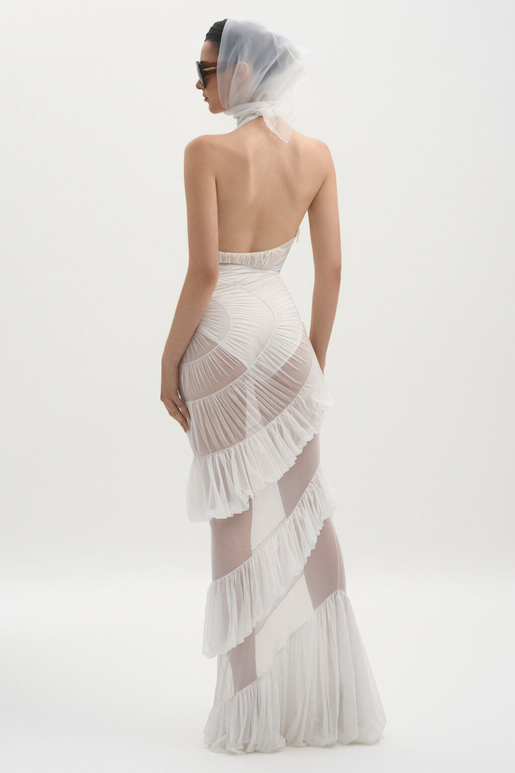 Halter Ruched Ruffle Maxi Dress White HV2589