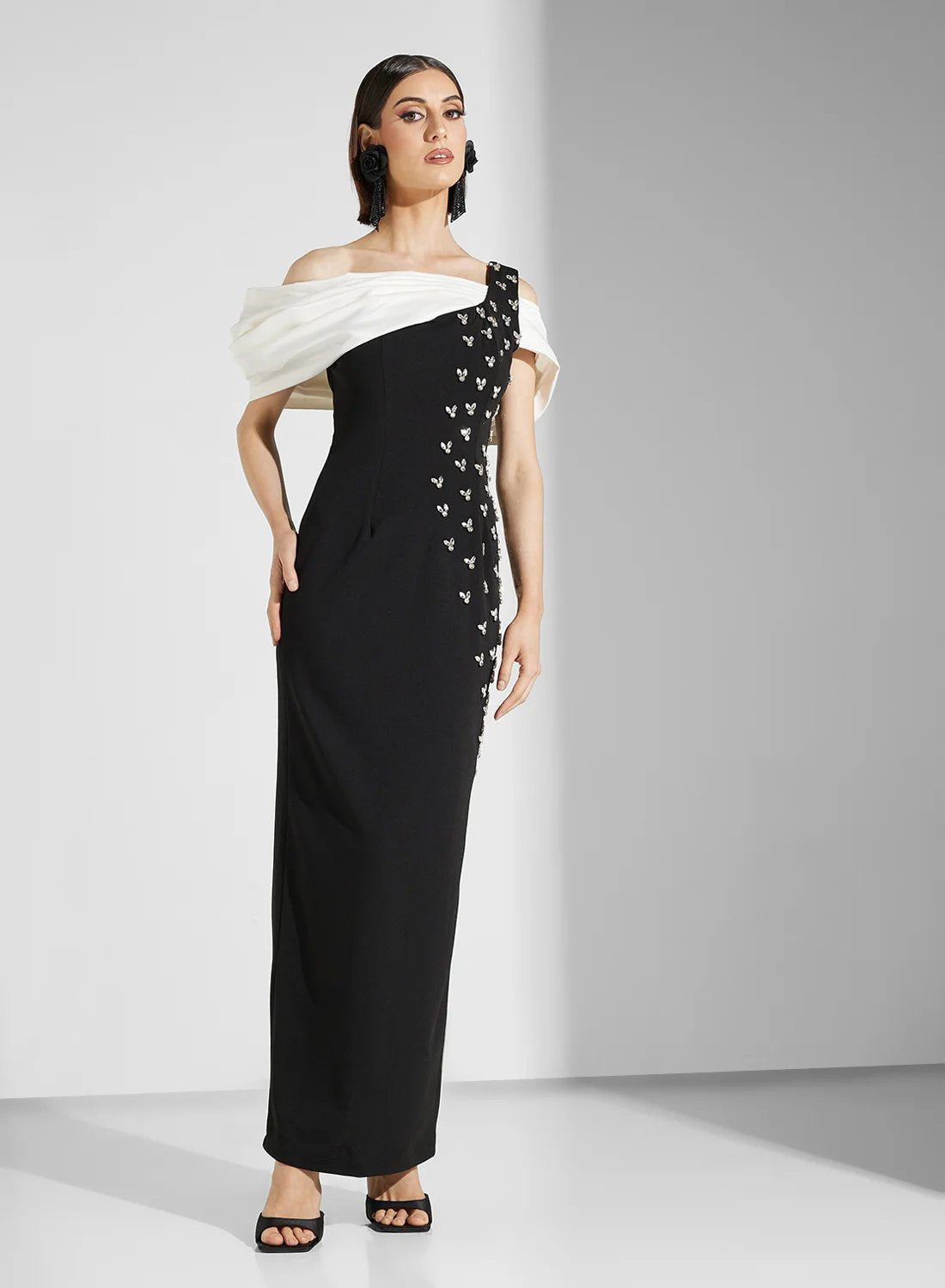 One Shoulder Bardot Crystal Maxi Dress Black White HV2900