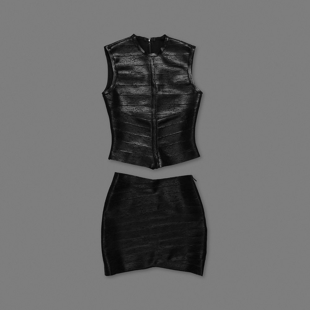 Woodgrain Foil Print Two Piece Dress Black HV2707