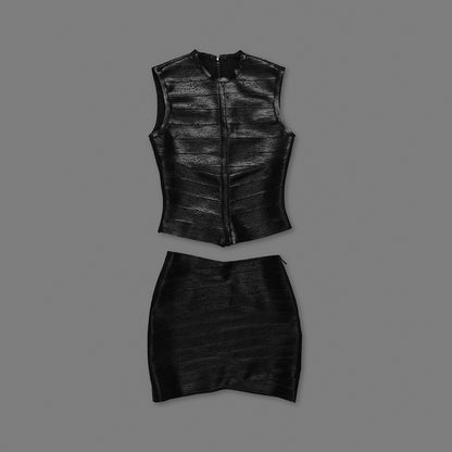 Woodgrain Foil Print Two Piece Dress Black HV2707