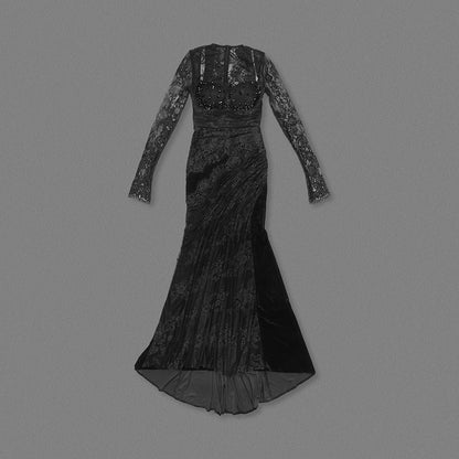 Long Sleeve Halter Sequin Lace Maxi Dress Black HV2231