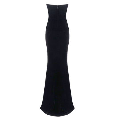 Strapless Crystal Maxi Velvet Dress Black HV1235