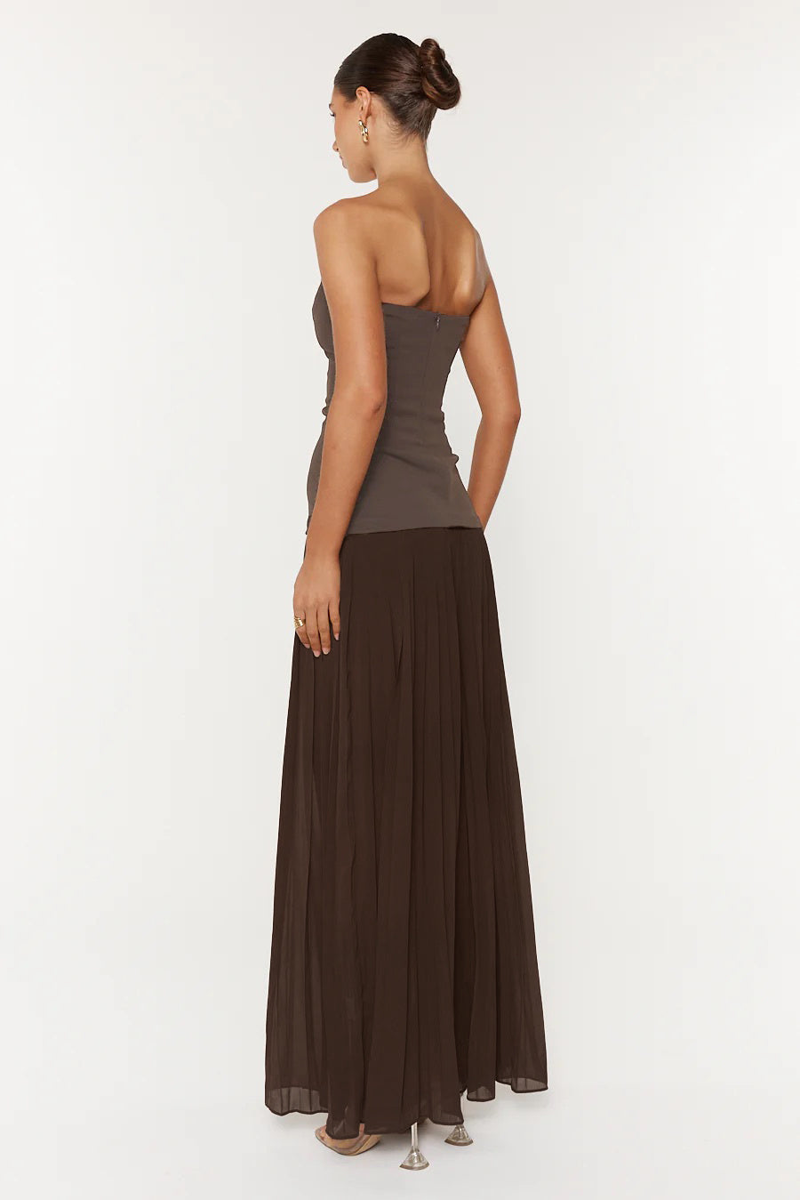 Strapless Pleated A Line Maxi Dress Brown HV2659