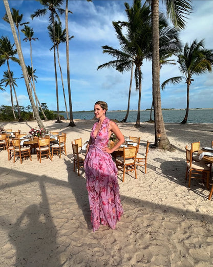 Halter Floral Ruffle Maxi Dress Pink HV2137