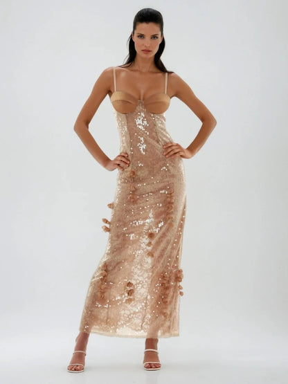 Leaf Detail Bustier Sequin Lace Maxi Dress Brown Nude HV2504