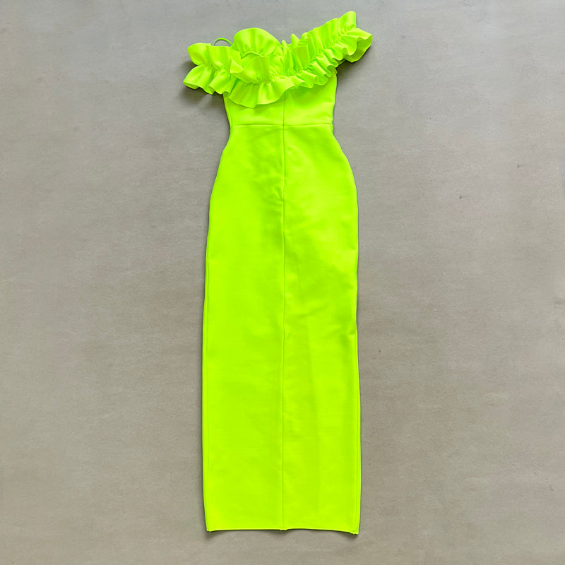 One Shoulder Ruffle Maxi Dress Neon Green HV1511