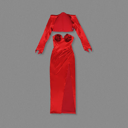 Long Sleeve Floral Maxi Two Piece Dress Red HV2135