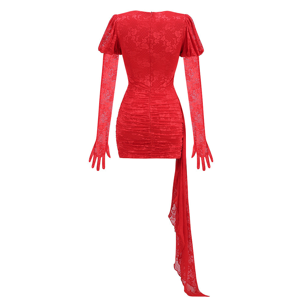 Long Sleeve Draped Lace Dress Red