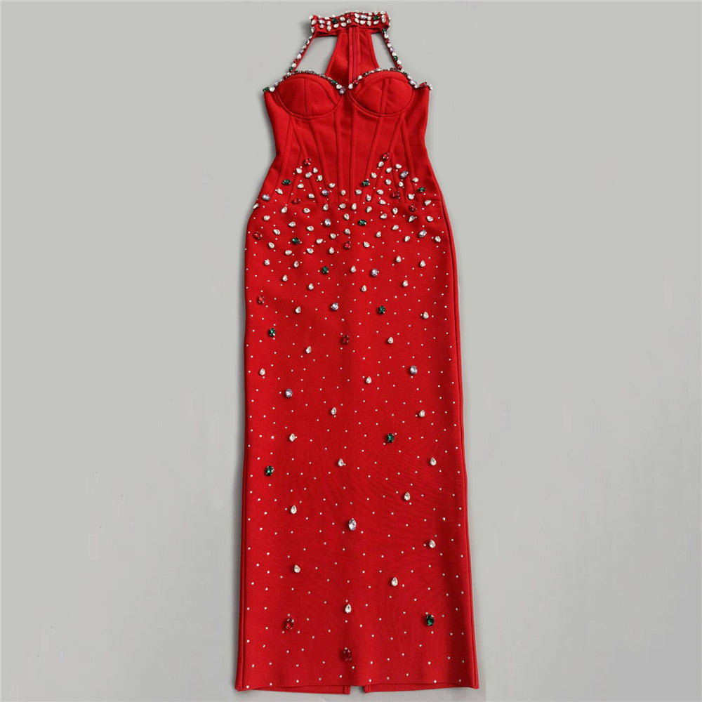 Halter Crystal Structured Bustier Maxi Dress HV3092