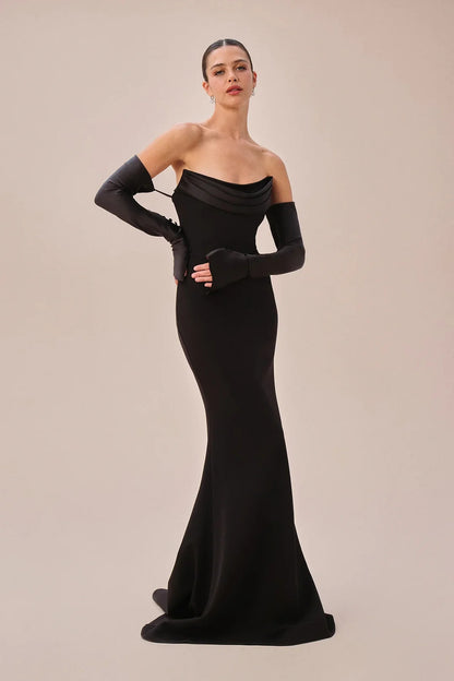 Long Sleeve Strapless Draped Maxi Dress HV2127