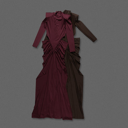 Long Sleeve Draped Cut Out Detail Maxi Dress Burgundy HV2675