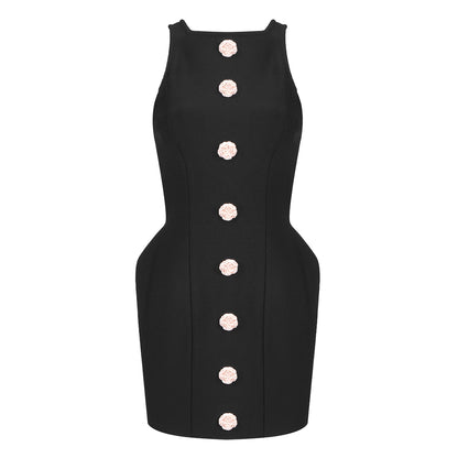 Floral Button Structured Dress Black HV1487