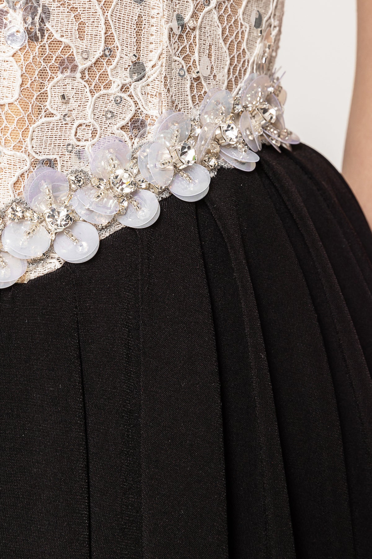 Strapless Crystal Lace Corset Maxi Dress Black White HV0039