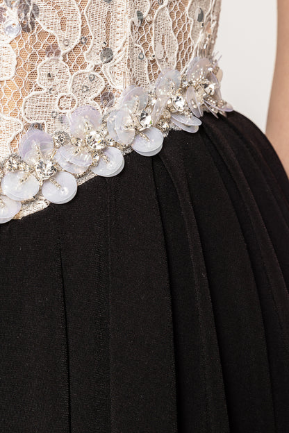 Strapless Crystal Lace Corset Maxi Dress Black White HV0039