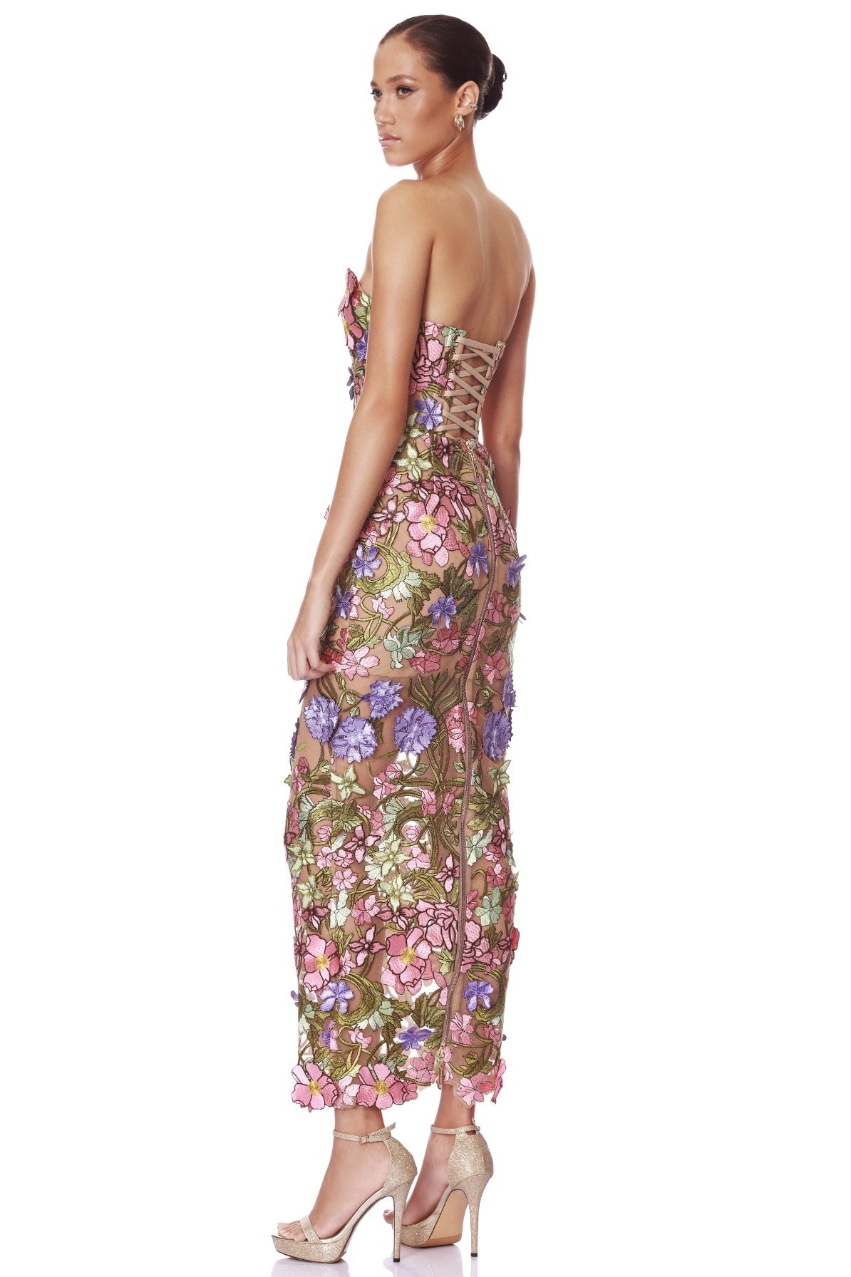 Strapless Floral Corset Maxi Dress Pink Green HV2883