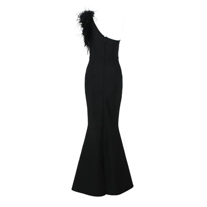Feather One Shoulder Mermaid Maxi Dress Black HV9959
