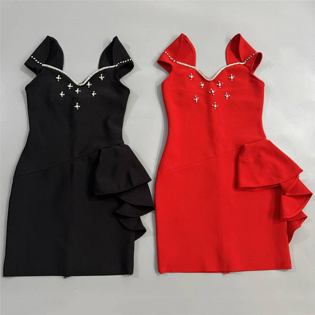 Crystal Bardot Ruffle Detail Dress Red HV2898