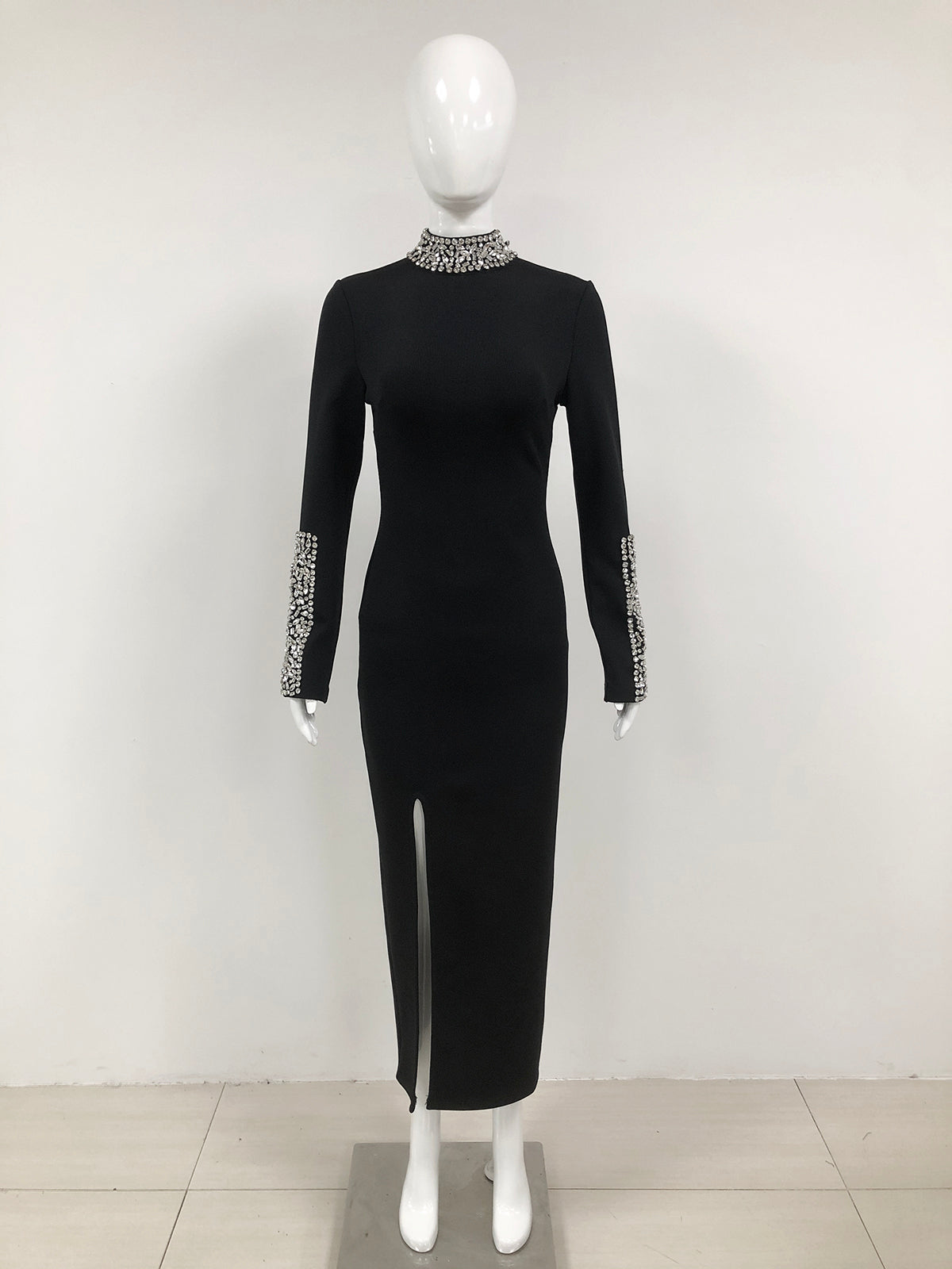 Long Sleeve Crystal Detail Midi Dress Black HV1687