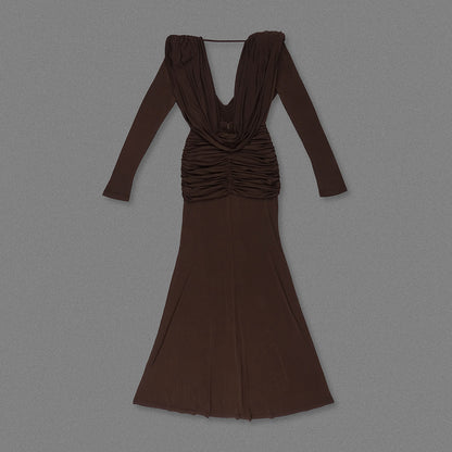 Long Sleeve Draped Maxi Dress Brown HV2076
