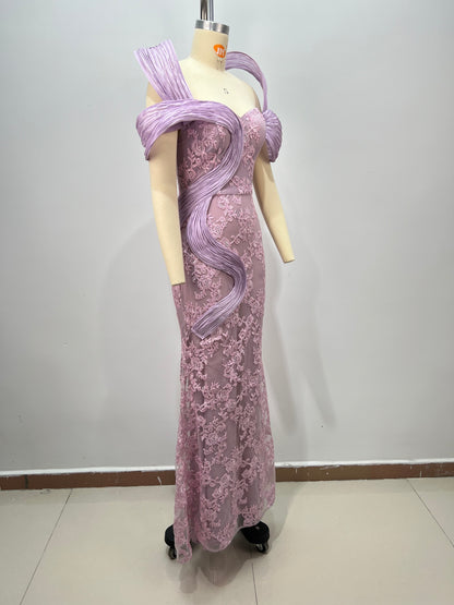 เดรสยาวผ้าลูกไม้ สีชมพูลาเวนเดอร์ HV2953