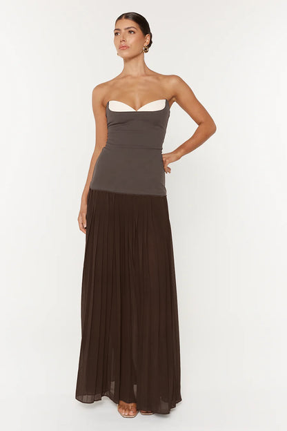 Strapless Pleated A Line Maxi Dress Brown HV2659