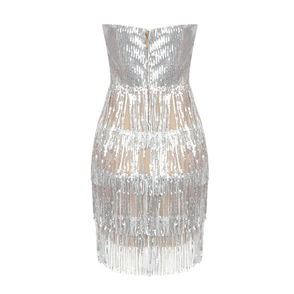 Strapless Crystal Sequin Tassel Dress Silver HV9847