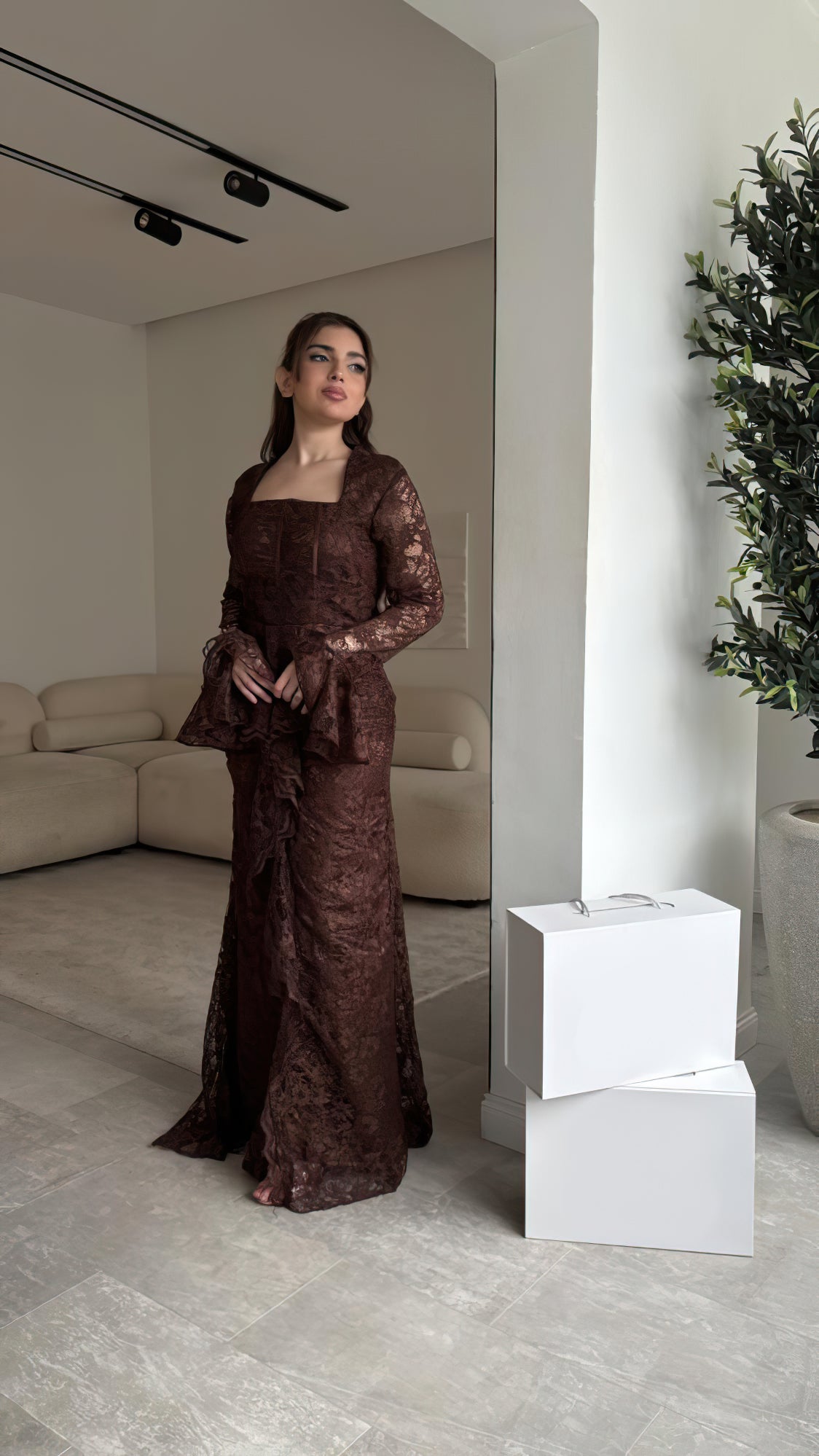 Long Sleeve Ruffle Detail Lace Maxi Dress Brown HV3238