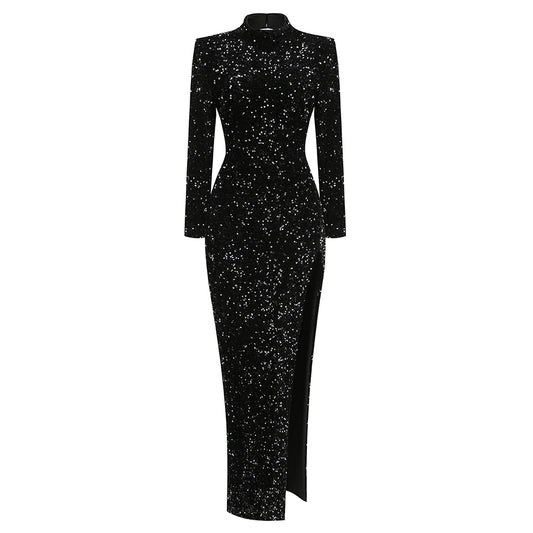 Long Sleeve Sequin Backless Maxi Dress Black HV1177