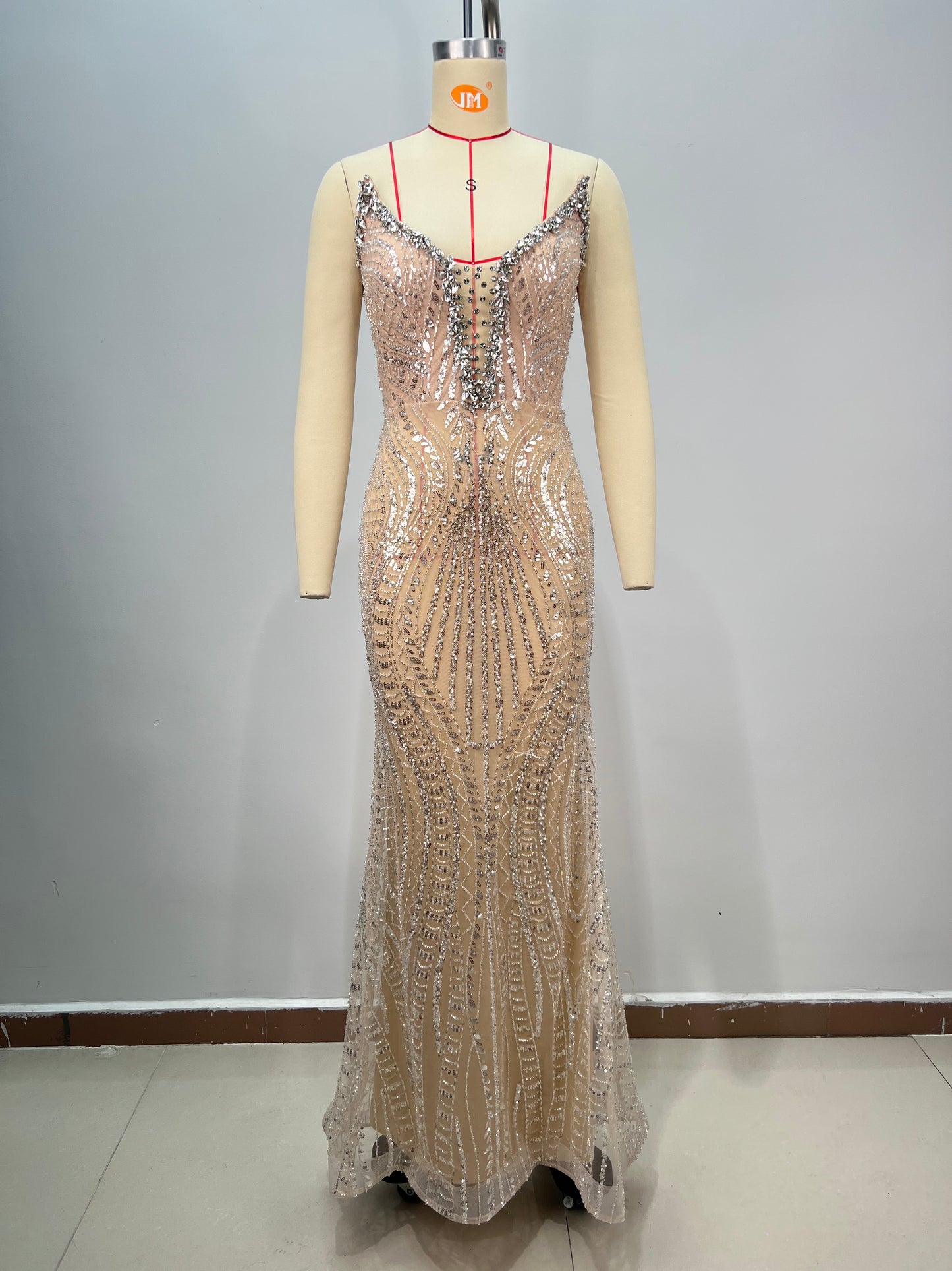 Strapless Crystal Sequin Maxi Dress Nude HV2196