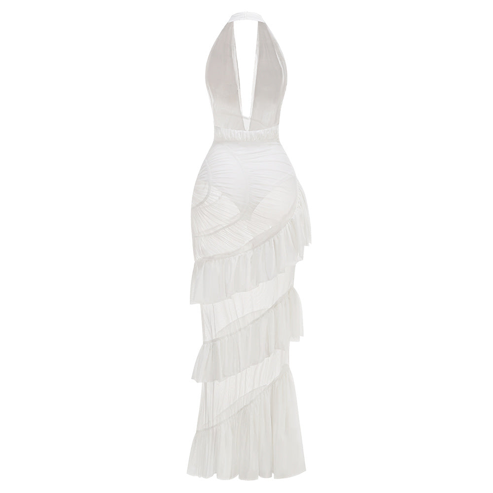 Halter Ruched Ruffle Maxi Dress White HV2589