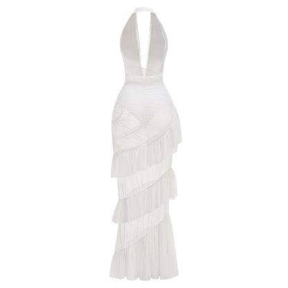 Halter Ruched Ruffle Maxi Dress White HV2589