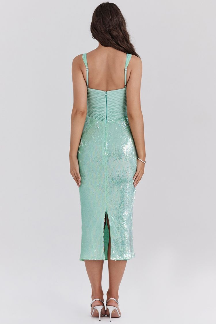 Pleated Sequin Midi Dress Green