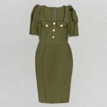 Puff Short Sleeve Button Dress Green HV9805