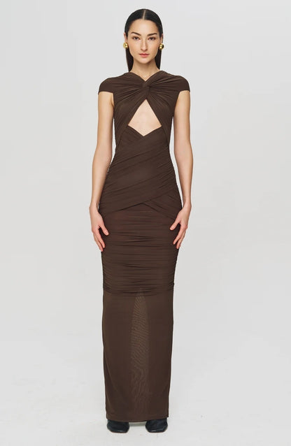 Draped Bardot Maxi Dress Brown HV2354