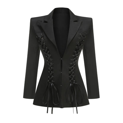 Long Sleeve Lace Up Detail Blazer Dress Black HV2574