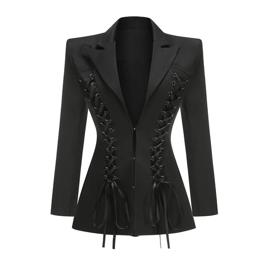 Long Sleeve Lace Up Detail Blazer Dress Black HV2574