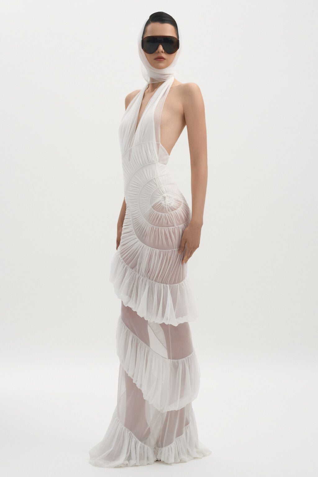 Halter Ruched Ruffle Maxi Dress White HV2589