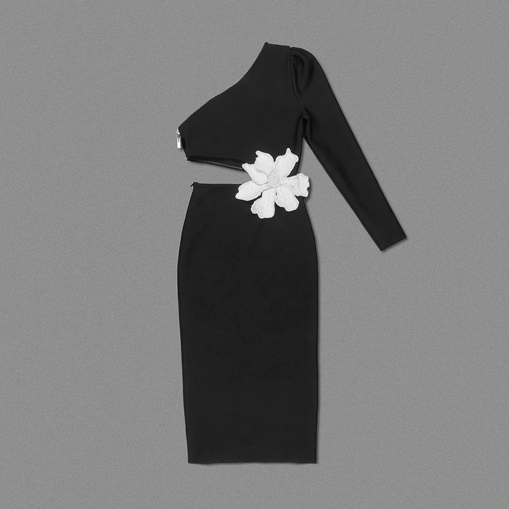 One Sleeve Pearl Flower Midi Dress Black HV9932