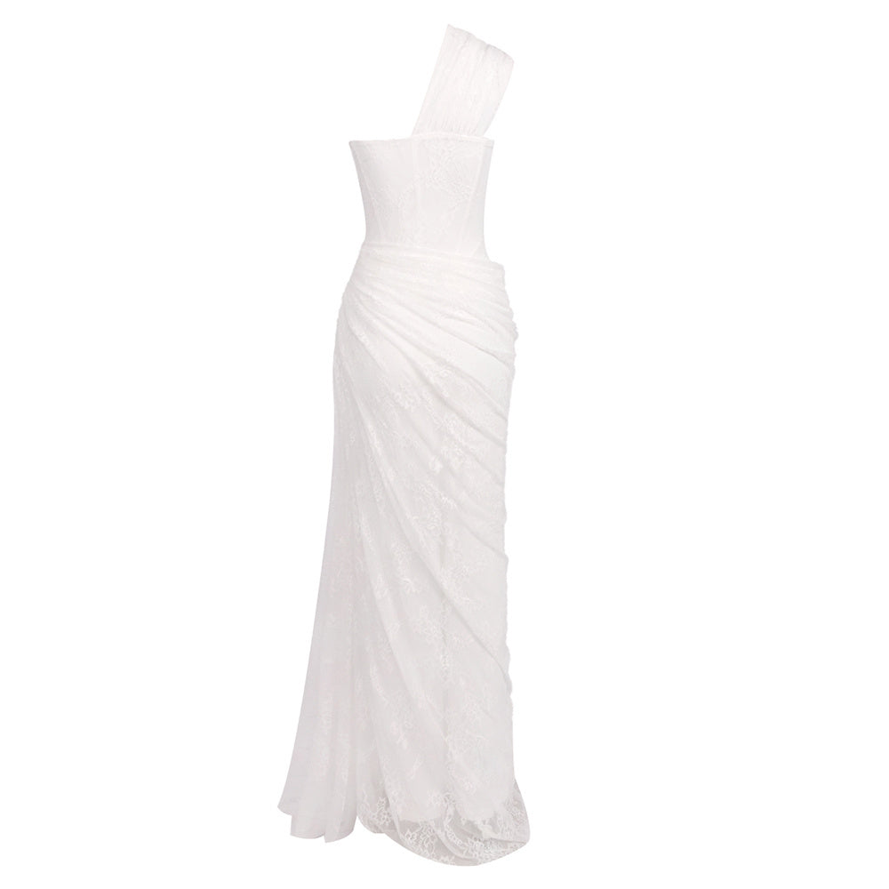 One Shoulder Draped Lace HV2677