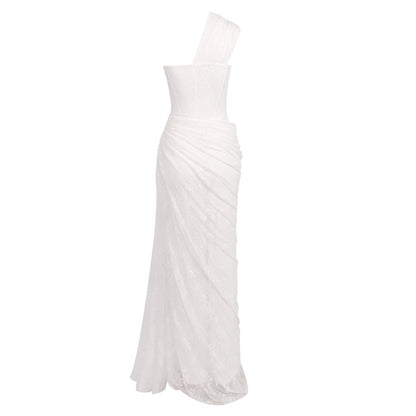 One Shoulder Draped Lace HV2677