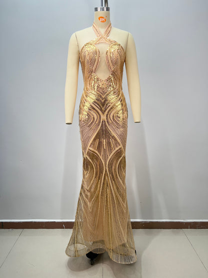 Halter Sequined Maxi Dress Gold HV2858