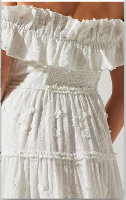 Ruffle Bardot A Line Midi Broderie Anglaise Dress White HV1407