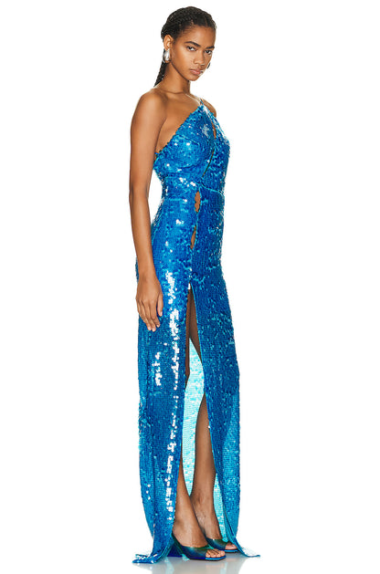 One Shoulder Cut Out Maxi Sequin Dress Blue HV9783