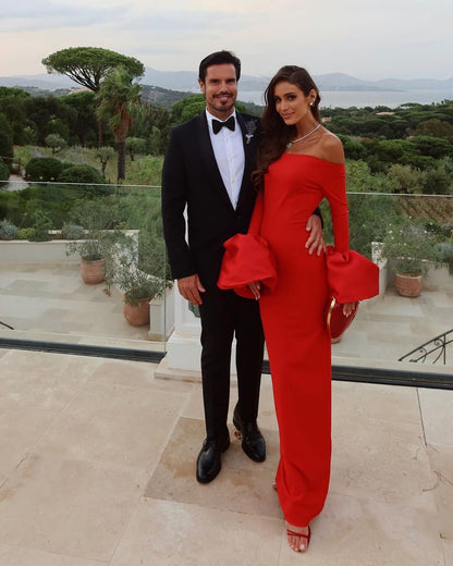 Long Sleeve Bardot Maxi Dress Red HV1855