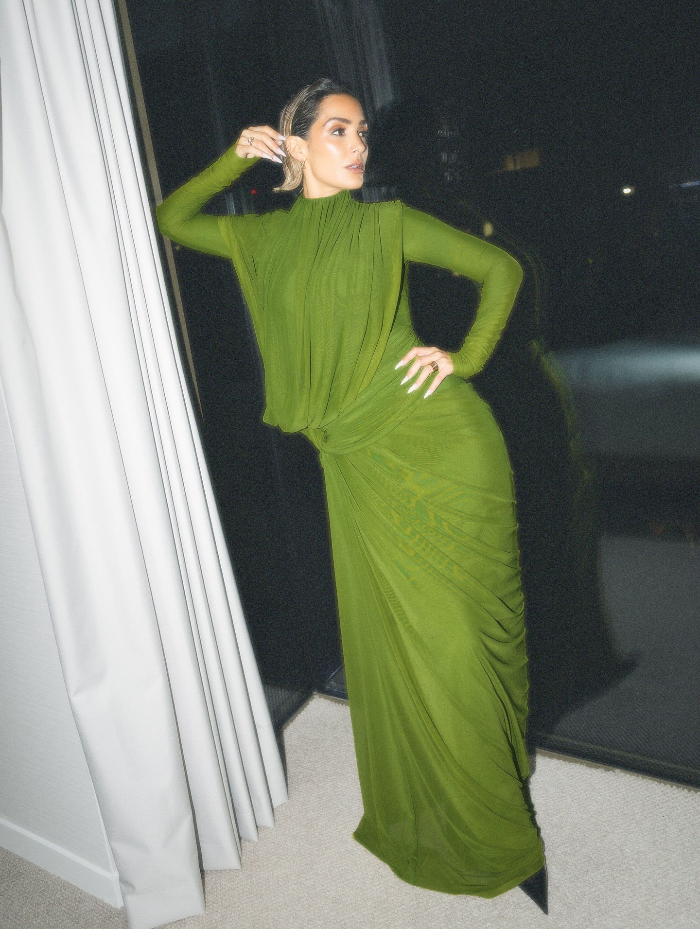 Long Sleeve Draped Maxi Dress Green HV0054