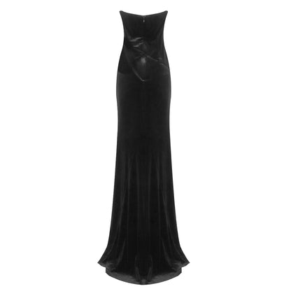Strapless Crystal Corset Maxi Velvet Dress Hot Pink Black HV2064