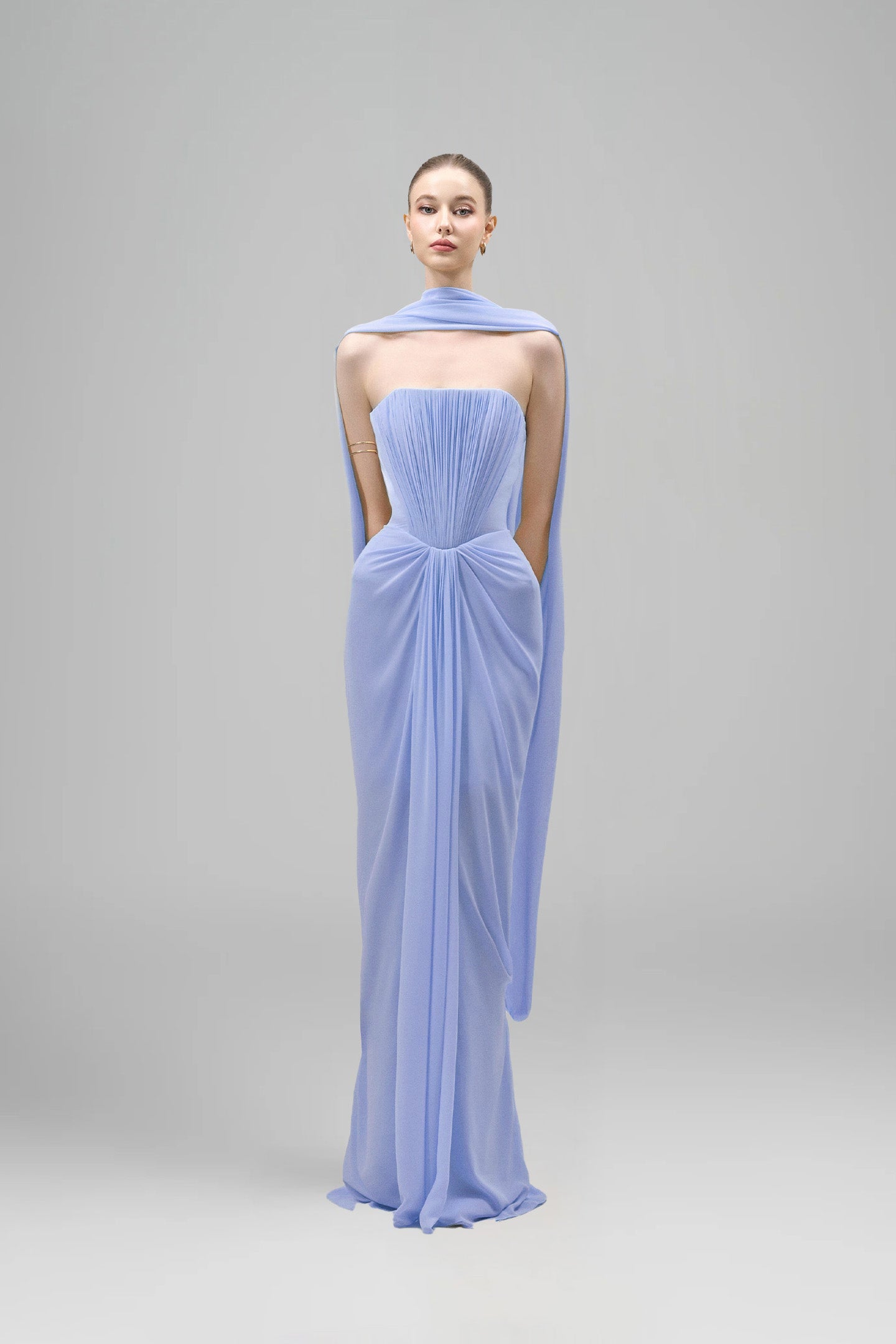 Strapless Draped Cape Maxi Dress Blue HV3074