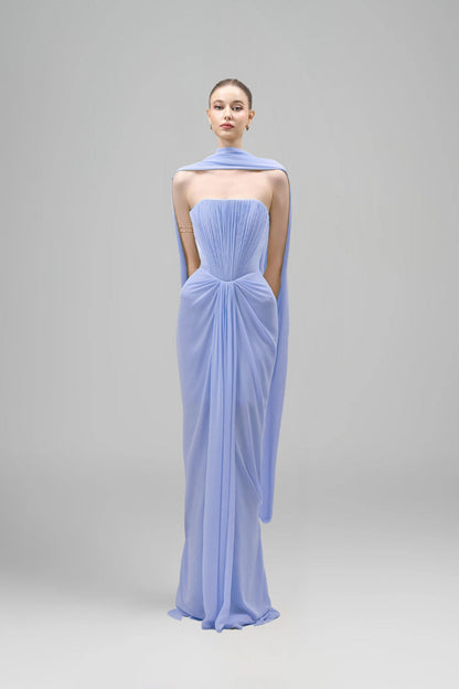 Strapless Draped Cape Maxi Dress Blue HV3074