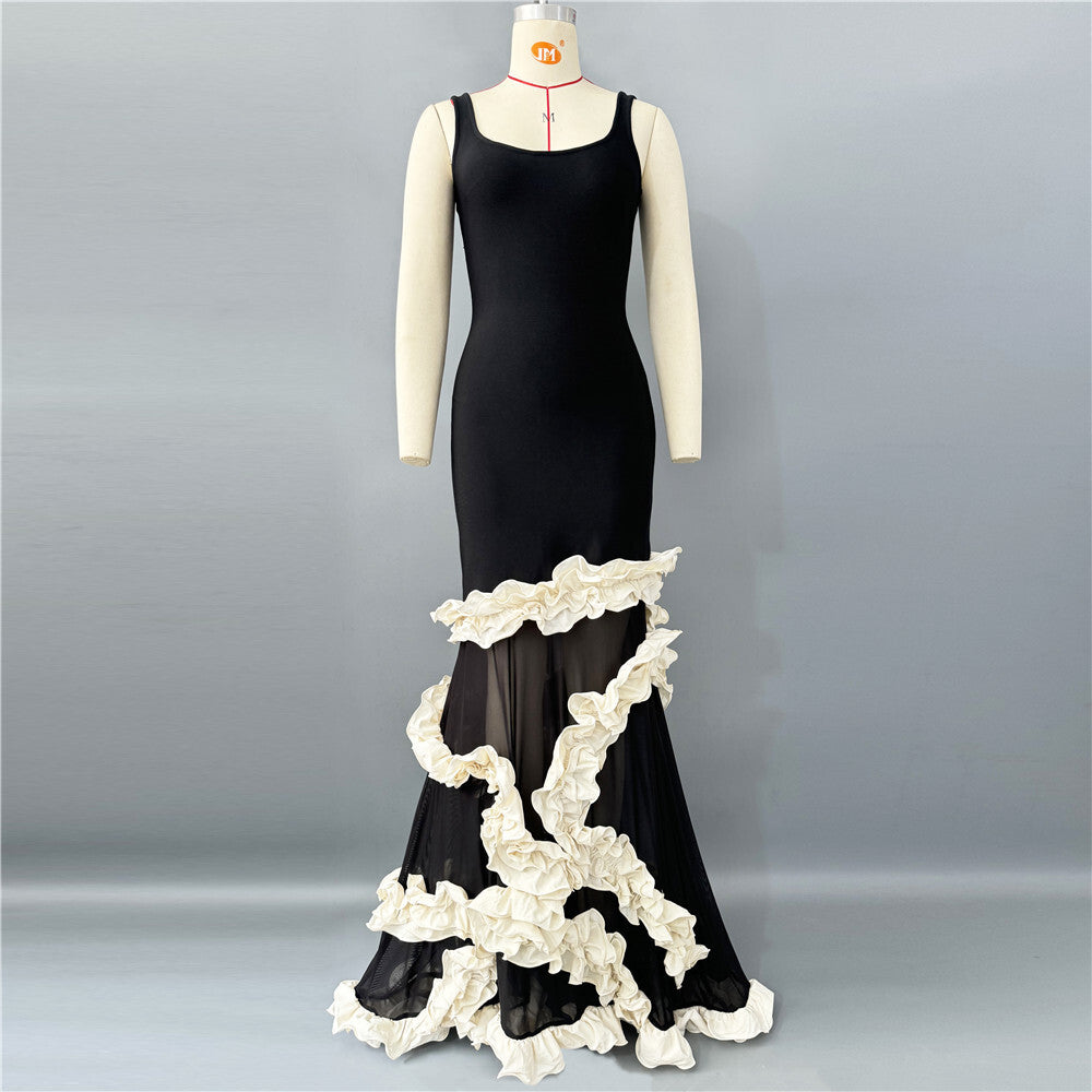ชุดเดรสยาว Ruffle ตาข่าย สีขาวดำ HV2305